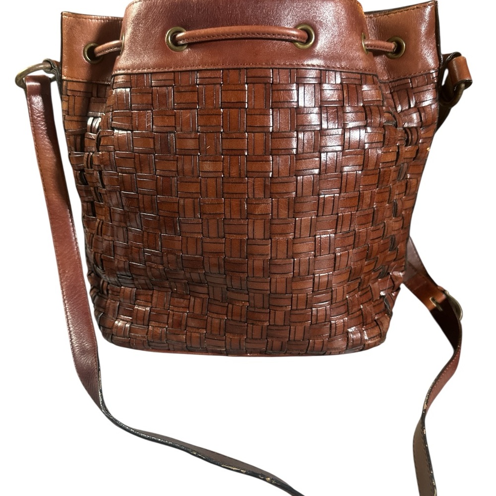 Vintage Dillards Brand Brown Leather Woven Bucket Drawstring Shoulder Bag 90’s - Picture 2 of 8